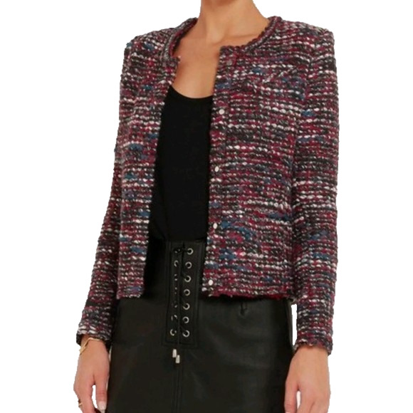 IRO Carene Tweed Jacket Blazer Knit Knotted Boucle Red Black Wool Blend 34 XS - Picture 1 of 11